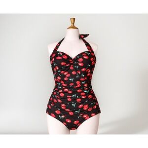 Cherry Print One Piece Swimsuit Halter Ruched Pin Up Retro Bombshell Small